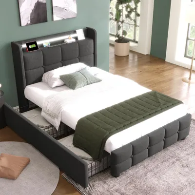Imagen del producto de Cama tapizada de 90x200 cm con función de carga USB, iluminación LED y 2 cajones, estructura de cama con somier de láminas de madera y cabecero para dormitorio