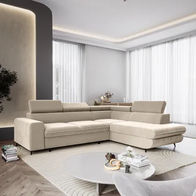 Produktbild von Masseno Ecksofa VELISS mit Schlaffunktion L-Form, Sofa mit Bettkasten, Wohnzimmersofa, Couch, Soffa, Bettsofa, Couchgarnitur- Creme, CASTEL 03