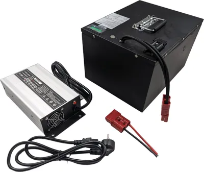 A black lithium battery pack and a silver battery charger are displayed on a white background.