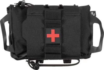 A black tactical first aid pouch with a red cross emblem.