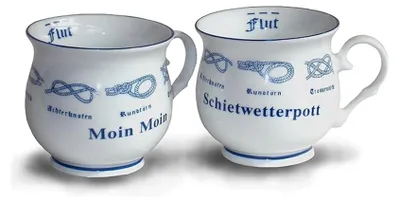 Produktbild von 2er Set Kaffeebecher Kugelbecher Moin Moin + Schietwetterpott | Tassenset aus Porzellan mit Seemannsknoten