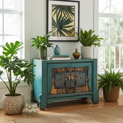 Produktbild von OPIUM OUTLET Chinesische Kommode Sideboard Schrank Möbel asiatisch orientalisch fernöstlich  Kästchen Schränkchen Vintage Landhaus Shabby Holz Design "Oceanflowers" blau