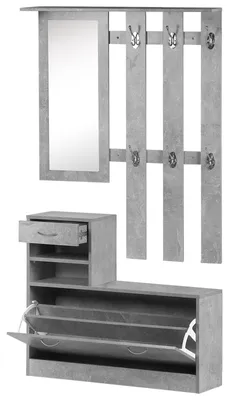 Produktbild von 3-in-1-Garderobenm?belset mit Garderobenpaneel, Spiegel und Schuhbank šC 6 Haken und verstellbarer Einlegeboden, Betonoptik in Grau