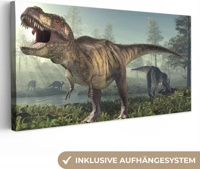 Produktbild von MuchoWow® - Leinwandbilder - Dino - Gras - Zeichnung - Kinder - Jungen, Wandbild, Wanddeko Bilder Wohnzimmer, 40x20 cm