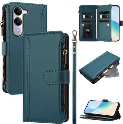 Image de Etui pour Vivo Y29s, zippé, étui portefeuille en cuirPolyuréthaneavec pochettes pour cartes, support et dragonne, vert