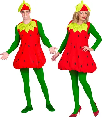 Two people wearing strawberry costumes.