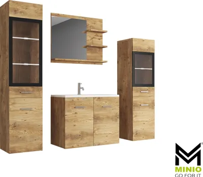 A set of modern bathroom furniture, including a tall cabinet, a vanity with a sink and faucet, and another tall cabinet, all with a wood-grain finish and black accents.