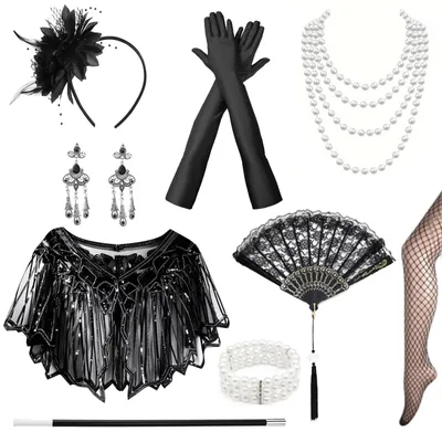 Produktbild von Komplettset für eine "Great Gatsby"-Party, Accessoires im Stil der 1920er Jahre, Damenaccessoires aus den 1920er Jahren, bestehend aus Kopfschmuck, Handschuhen, Halskette, Armband, Ohrringen, Fächer, Socken, in Schwarz, für