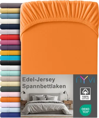 Produktbild von Edel Jersey Spannbettlaken Deluxe für Matratzen bis 25 cm Steghöhe - 100% Baumwolle supergekämmt, 140g/m², Rundumgummizug, Farbe:Orange, Größe:90-100 x 200 cm