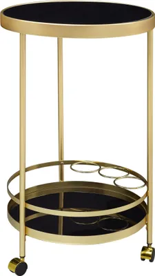 Servierwagen Gold Rund mit zwei schwarzen Glasplatten und goldenen Rahmen in Gesamtansicht.