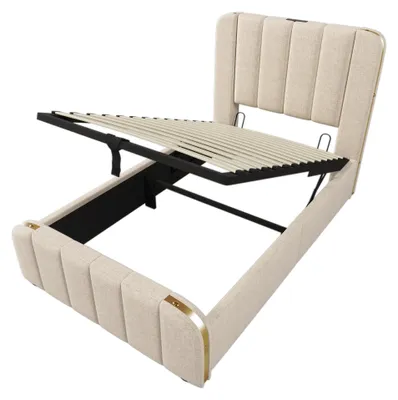 Productafbeelding van Ledikant - Babybed - Meegroeibed - Peuterbed - Kinderbed - Beige Linnen Bekleding - Hydraulische Opbergruimte