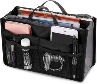 A black organizer bag with various compartments filled with personal items.