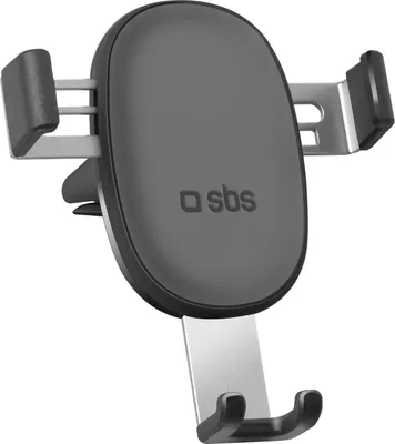 A dark gray car phone holder with a silver metal clip and hook, shown against a white background.