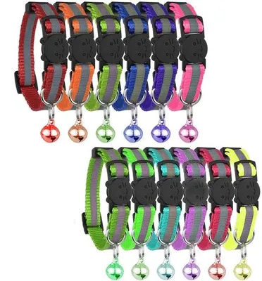 Image de Ensemble de 12 colliers pour chats Ibzoa® en nylon, réglables de 20,3 à 30,5 cm, largeur de 0,9 cm, boucle de sécurité réfléchissante, clochette amovible, couleurs variées