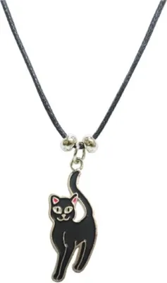 Produktbild von Wachskordelhalskette - schwarze Katze aus Metall