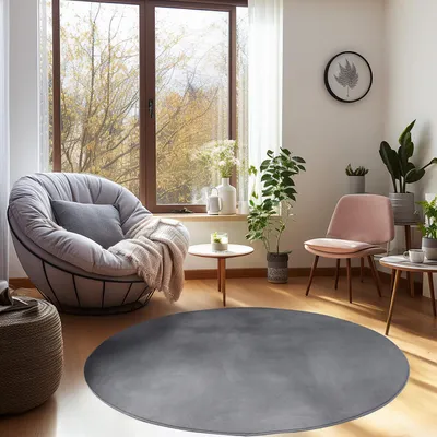 A cozy living room scene with a large round rug, a comfortable armchair, a small side table, and a pink chair.