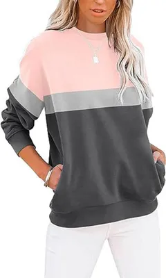 Produktbild von ASKSA Damen Pullover Rundhals Langarm Sweatshirt Casual Lose Farbblock Herbst Winter Oberteile Oversize Tops, Rosa&Grau, XL