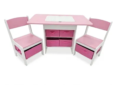 Immagine prodotto di Set composto da un tavolino e 2 sedie, 3-in-1, con piano rosa a doppio lato per i mattoncini, e 7 scomparti