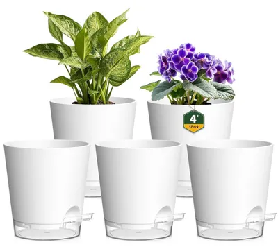 Obrázek produktu pro Sada 5 kusů samozavlažovacích květináčů, průměr 10 cm, bílá a průhledná, matný plast