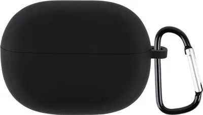 A black silicone case for earbuds with a carabiner clip attached.