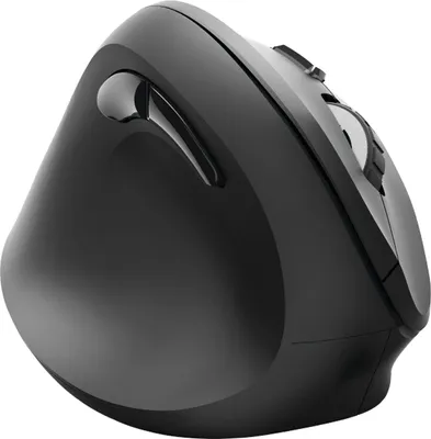 A black ergonomic wireless mouse is shown from a side angle against a white background.