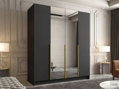 Obrázok produktu pre Veľká šatníková skriňa 200 cm so zrkadlom TOSIA 2 - čierna / zlatá