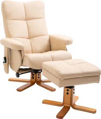 Zdjęcie produktu dla Fotel masujący 700-111V02CW, z funkcją odchylania, fotel masujący z podnóżkiem, fotel TV, ergonomiczny fotel z 10 punktami wibracji, sztuczna skóra, kremowy biały, 80 x 86 x 99 cm