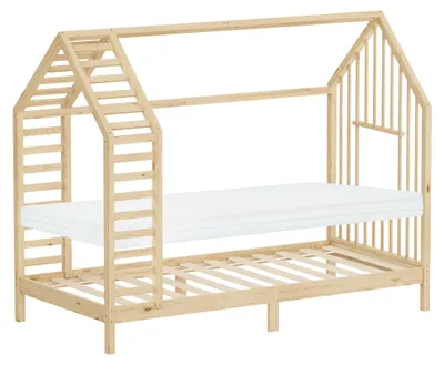Zdjęcie produktu dla Łóżeczko dziecięce ML-Design, 90x200 cm, kolor naturalny, z materacem i stelażem, łóżko-domek z daszkiem, rama łóżka wykonana z drewna sosnowego, łóżko Montessori dla dziewczynek i chłopców