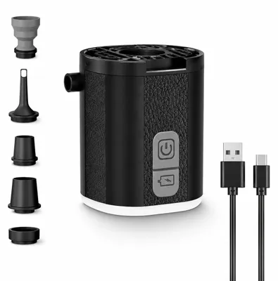 Produktbild von Elektrische Luftpumpe Akku, Mini Luftpumpe zum Aufblasen und Absaugen mit USB-C, 5 Düsen und LED Campinglicht, tragbare Pumpe für Luftmatratze, Pool und Camping