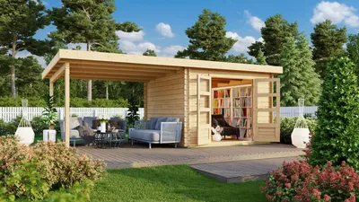 Produktbild von Gartenhaus Blockbohlenhaus Gerätehaus Bastrup 5 im Set mit Anbaudach 3 m breit naturbelassen 579x297x220 cm