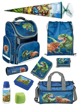 Produktbild von Schulranzen 1. Klasse für Jungen und Mädchen in Blau mit DINOSAURIER Motiv 10tlg. Schultaschen Set mit Schultüte / Zuckertüte und Sporttasche