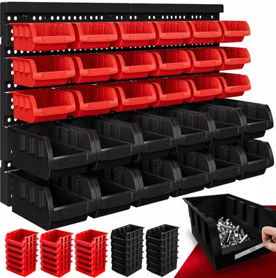Obrázok produktu pre Monzana® Stohovacie boxy 32 ks Rozšíriteľná priehradka na štítky Robustné Nárazuvzdorné Silné stenové panely Nástenná polica Dielenská polica Perforovaná stena na náradie Zásobník na malé diely