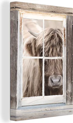 Produktbild von OneMillionCanvasses® - Leinwandbilder - 90x140 cm, Schottisches Hochlandrind - Tier - Ansicht, - Geöffnetes Fenster - Fensterblick Schlafzimmer Kunstdruck Wanddekoration - Hochland Rind - Kuh - Gemälde auf Holzrahmen  - Wandschmucke - Schlafzimmer