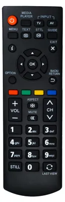 A black remote control with various buttons and labels.