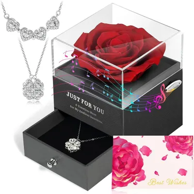 Produktbild von Geschenkset Ewige Rose mit Spieluhr und Kleeblatt Halskette Silber 925 Rot