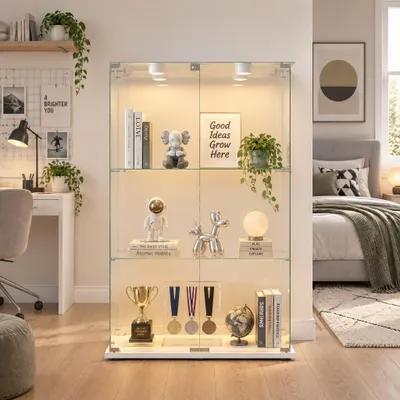 Image de Vitrine en verre INONEFT avec lampe tactile, meuble vitrine moderne à double porte et 3 étagères, idéal pour le salon, la chambre ou le bureau, pour exposer vos objets de valeur, dimensions : 123,3 x 78,5 x 35 cm, couleur : blanc