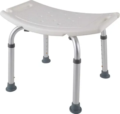 A white shower stool with silver legs on a white background.