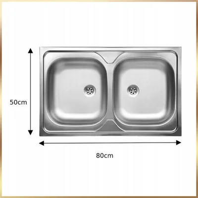 A top-down view of a double-basin stainless steel kitchen sink with dimensions indicated.