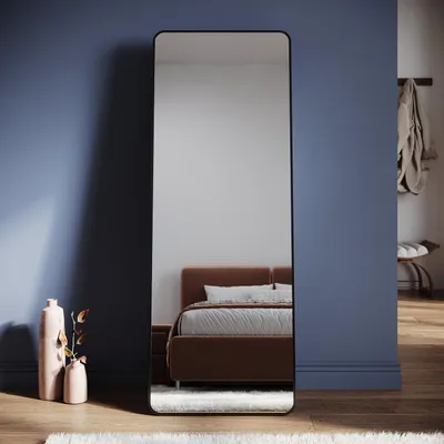Produktbild von SONNI 160 x 60 x 2,8 cm schwarzer quadratischer Standspiegel kann an der Wand befestigt werden