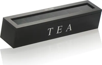 Produktbild von COM-FOUR® Teebox mit 6 Fächern für bis zu 90 Teebeutel - Schwarze Aufbewahrungsbox aus Holz für Tee - Teebeutelbox mit Sichtfenster - Teekiste - Teeaufbewahrung