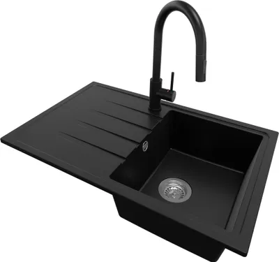Produktbild von PRIMAGRAN Granitspüle Schwarz 78x50cm, Spülbecken 1 Becken + Küchenarmatur 40x20cm + Ablauf-Set, Küchenspüle ab 45er Unterschrank - Mailand