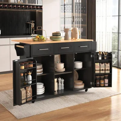 Obrázok produktu pre Veľký servírovací vozík a odkladacia doska, 139x46(71)x91,5 cm, čierna konštrukcia s pracovnou doskou z masívneho dreva, výklopná pracovná doska, skrinka s dvierkami, kolieska a vymeniteľné nožičky z masívneho dreva, vhodné do jedálne a kuchyne