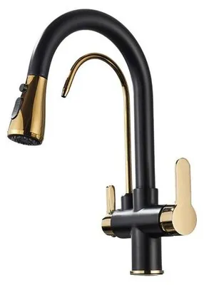 Produktbild von 3-Wege Küchenarmatur NORDIC mit Wasserfilter-Anschluss, herausziehbare Brause, 360° schwenkbar, getrennte Wasserwege, Keramikkartusche Shwarz-Gold