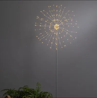 A silver LED stand with a firework-like light display against a gray background.