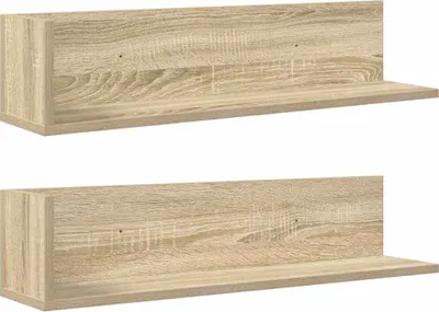 Two identical wooden shelves are shown against a white background.