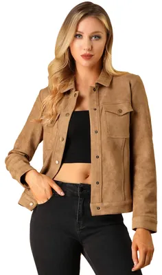 Productafbeelding van Allegra K damesjas, lang袖, omslagkraag, truckerjas, kunstleer, bruin, maat M