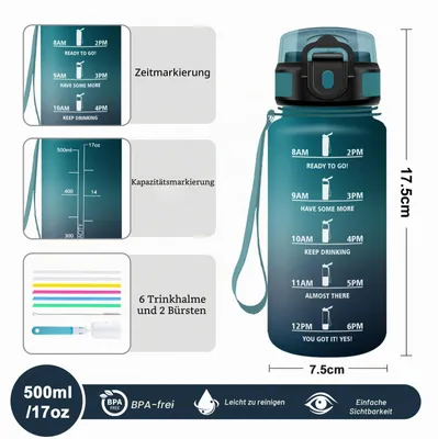 Image de Bouteille d'eau 500 ml JAPORIA, anti-fuite, sans BPA, avec paille