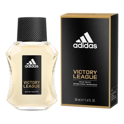 A bottle of Adidas Victory League Eau de Toilette and its packaging are displayed against a white background.
