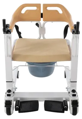 Obrázok produktu pre Pacientský zdvihák, invalidný vozík – sprchový a toaletný stôl – s nastaviteľnou výškou 40–60 cm – nosnosť 100 kg – bezpečnostný pás a brzdové kolieska – biela farba