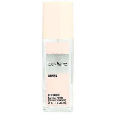 A clear, front-facing studio shot of a Bruno Banani Woman Deo Natural Spray bottle against a white background.